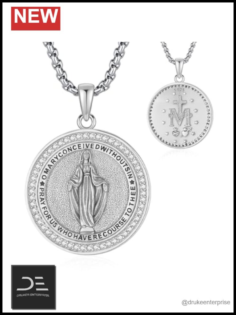 925 Sterling Silver Virgin Mary Pendant Necklace Catholic Medal Religious